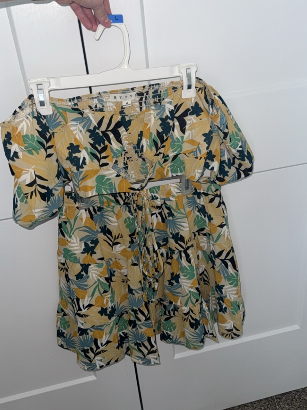 HYFVE Off-Shoulder Tropical Print Two Piece Set in Mustard, Green & Navy